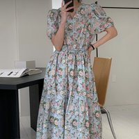 Retro Korean Floral Print Loose Waist Cinched Dress Age-Defying Ribbon Belted Summer Cotton Dress City Walk Suitable