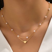 New Vintage Pearl Necklace Ladies Fashion Double Chain Small Love Pendant Necklace Jewelry Gift Wholesale