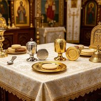 Orthodox Altar Set Gold Silver Metal Icon Plate and Holy Oil Jar with Spoon for Church Supplies Byzantine Religious Gift