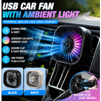 Clip On Car Vent Cooling Fan USB Powered Colorful RGB Atmosphere Light Low Noise Air Circulation Fan Summer Driving Cooler