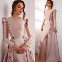 2025 Ruffles Long Sleeves Satin A Line Evening Dresses Lace Applique Beaded A Line Prom Dresses Plus Size Gowns