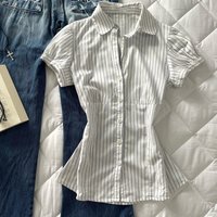 Slim Fit Striped Shirt Women's Commute Style Short Sleeve Waist Cinching Korean Version Summer New Salt System Shirt