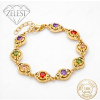 Stylish 925 Sterling Silver 18K Gold Plated 8-inch Luxury Colored Round Zirconia Bracelet - Women's Wedding Party Gift