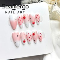 10PCS Sweet Pink Blush French Press on Nails Handmade Cute Cherry Designs Red Polka Dots Medium Almond False Nails Silver Stars