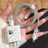 For IPhone 17/16/15/14/13 Data Cable Winder Protect Cover Sleeve Cute Cat Paw Pattern for Apple 18W/20W Charger Protective Case