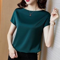 Office Lady Tops Summer Short Sleeve O-Neck Blouses Satin Blouse Women Shirts Simple Solid Casual Loose Shirt Blusas DF4904