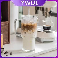 YWDL 760ML Ribbed Glass Tumbler with Handle And Lid Large Iced Coffee Cup with Straws for Cold And Hot Beverages 1/2 Set