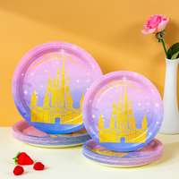 7/9 Inch Gradient Pink Purple Castle Paper Plates Princess Theme Disposable Dinnerware for Kids Birthday Party