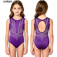 CHSAII Kids Shiny Rhinestone Purple Gymnastics Leotard Sleeveless Bodysuit Girls Ballet Dance Competition Performance Costume