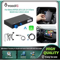Podofo Kabelloses CarPlay Android Auto Decoder-Kit für Benz NTG5.0/5.1/5.2 C W205 GLC 2015-2019 Mit Navigationsfunktionen
