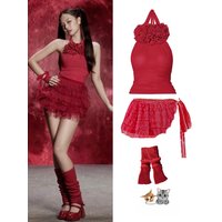 Jennie Ballet Style Stage Performance Set Sexy Red Flower Mesh Outfit Women's Fashion Ensemble Floral Polyester