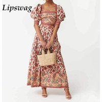 Elegant Square Neck Bubble Sleeve Top & Long Skirt Sets Women Fashion Floral Print Bohemian Outfits Summer Caual Party 2pc Suit