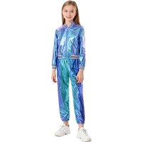 Kids Girls Sports Tracksuit Outfits Carnival Jazz Hip Hop Street Dance Performance Costume Metallic Bomber Jacket Coat Pants Set