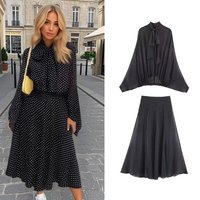Women Polka Dot Printed Midi Skirts Sets Orspring Summer New Female Chic Bow Tied Blouse Top Or Lady High Street Half Skirts
