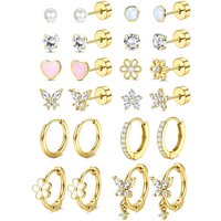 Drperfect Hypoallergenic Flat Back Earrings for Women Surgical Steel Cute Earrings 14K Gold Plated Studs Hoop Cartilage Earrings