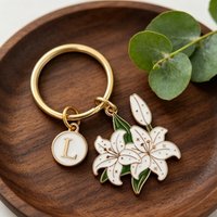 Cute and Fashionable Lily Flower Keychain. Optional Initial Pendant. Car Keychain. Bag Accessory. Small Gift.