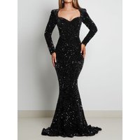 V Neck Long Sleeve Formal Sequin Maxi Dress Floor Length Grey Mermaid Evening Night Party Dress Black Burgundy Grey