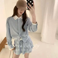 Retro Plaid Shirt Suit Women's Autumn New Temperament Lace-up Flower Skirt Two-piece Set