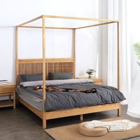 With Wooden Panel Platform Canopy Durable Elm Wood Bed//Modern New Chinese Style Solid Wood Four Pillar Bed Frame