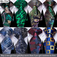 Hi-Tie Teal Blue Gold Novelty Design Silk Wedding Tie For Men Quality Hanky Cufflink Set Fashion Nicktie Business Dropshipping