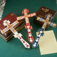HTISOK Orthodox Cross Blessing Cross With Stand For Church Home Decoration Passion of Jesus Icon Red and Blue Enomal Cross
