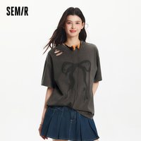 Semir Vintage Oversized Cotton Short Sleeve T-Shirt Women Longline Bowknot Design 2025 Summer New Retro Style Top
