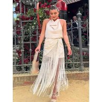 HH Women's Fashion Embroidered Sexy Tassel Spliced Skirt Female Temperament High Waist Knot Asymmetrical Casual Midi Skirt