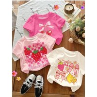 Summer Strawberry Printed T-Shirt Sweet Cute Cartoon Short Sleeve Children's T-Shirt Crew Neck Casual Tees Outdoor Girls Clothes
