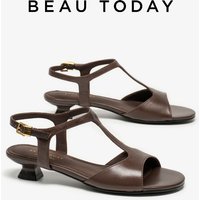 BEAUTODAY Fashion Sandals Women Sheepskin Round Toe Ankle Buckle T-Strap Pumps Summer Dress Ladies Mid Heel Shoes Handmade 31298