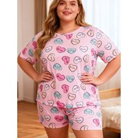Plus-size casual ladies' heart-shaped printed round-neck short-sleeved T-shirt + shorts home wear pajama set