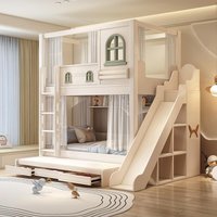 Children's Wood Dormitory Bunk Bed Cream Style Multifunctional Twin Bed Small Apartment Combination High And Low Bed With Slide