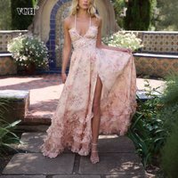 VGH Sexy Vacation Spliced Ruffles Hem Dress for Women Deep Neck Sleeveless High Waist Backless Printed Split Long Dresses Female