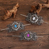 Gothic Style Pentagram Gemstone Hairpin Vintage Silver Decoration Hollowed Out Pattern Hairpin Dark Themed Boutique Headwear