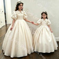 Flower Girl Dress for Wedding Party Toddlers High Neck Balloon Sleeves Ball Gown Pleated Satin First Communion Dress Custom