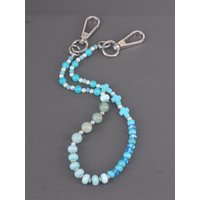 17 Inch Designer Aqua Turquoise Blue Cross Jade Crystal Glass Bead Beaded Chain Swivel Hook Bag Decor Phone Jean Waist Keychain