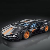 Technic Supercar Building Blocks, Black Sports Car with Orange Accents, DIY Bricks Kit, Educational STEM Toy