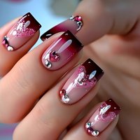 Medium long fake Nail Tips with 3D Heart Flower Design gradien purple red French Square Ballet tips Press-On false nail art set