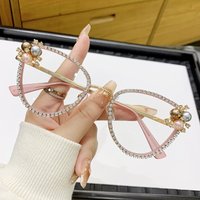 Triangle Cat Eye Anti Blue Light Glasses Diamond Inlaid Flat Light Glasses Imitation Diamond Pearl Retro Eyeglass Frame