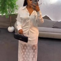 Women Two Piece Sets Skirt Set Full Sleeve Shirt Long Skirts Lace Mesh Backless A Line High Waist Y2k Streetwear Elegant Work