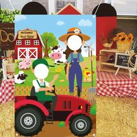 2D door curtain banner, large farm animal photography background cloth - designed with tractor, greenhouse, and windmill