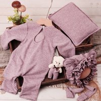 Ylsteed 4-teiliges Set für Neugeborene, Mädchen, Fotografie-Outfits, Bären, Ohren, Hut mit Mini-Bär-Puppe und Posing-Kissen, Säuglingsfotografie-Requi