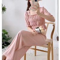 Summer 2025 New Folded Square Collar Bubble Sleeve Shirt High Waist Loose Casual Wide Leg Pants Two Piece Set Women's Fashion
