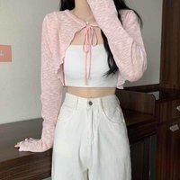 Soft Thin Sun Protected Cardigan Lace-up Design Short Length Lantern Sleeve Coat Breathable Knit Lace-up Knitwear Daily Use
