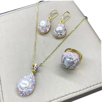 Baroque Freshwater Peark Beaded Strand Necklace Ring Earring Set Turkish Style Women Luxury Quartz Jewelry Mother's Day Gift