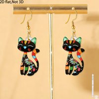 2pcs New Cute Colorful Cartoon Cat Design 2D Flat Acrylic Pendant Earrings Womens Daily Holiday Party Versatile Jewelry