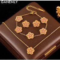 GANEMLY New Pink Zircon Reversible Clover Necklace Bracelet Earrings Set For Women Trendy Stainless Steel Waterproof Jewelry