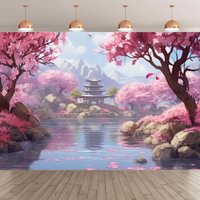 Japanese style pink cherry blossom tree themed photography background, cherry blossom Mount Fuji decorative photography backdrop