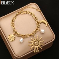 EILIECK 316L Stainless Steel Golden Trendy Starfish Moon Sun Shaped Charms Bracelet For Women Romantic Hand Chain Holiday Gift