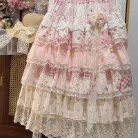 Vintage Kawaii Mori Girl Lolita Multi-Layer Ruffle Tiered Maxi Skirt Sweet Cute A-Line Birthday Party Pink Long Skirts for Women