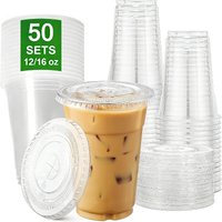 50 Sets of 12/16oz Transparent Plastic Cup with Cover Drink Cup Disposable Plastic Cup for Coffee Juice Picnic Party